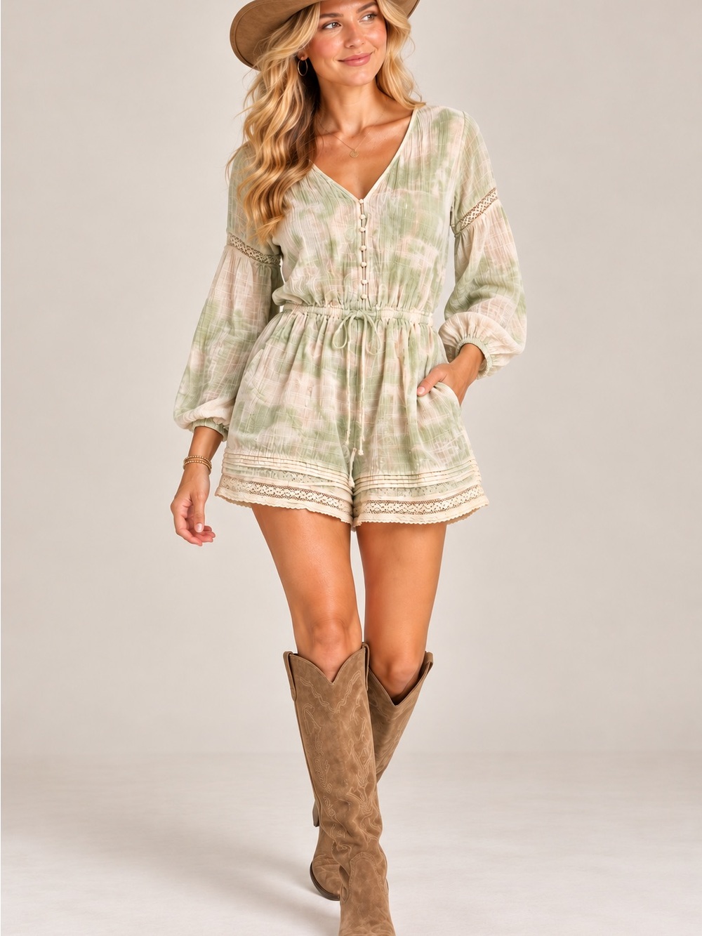 aerie Green Tie-Dye Lace-Trim Romper Shorts cotton blend